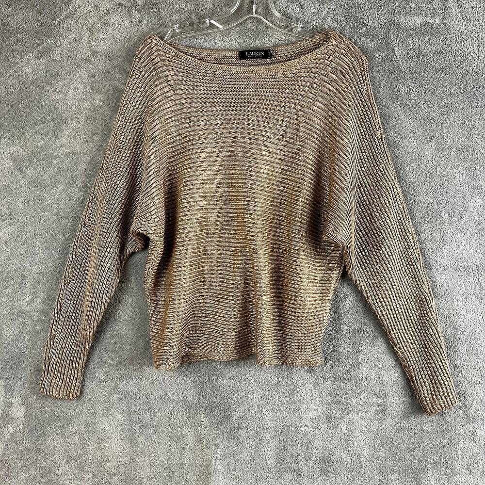 Ralph Lauren Black Label Top Womens L Metallic Rib-Knit Doleman‎ Sleeve Boatneck